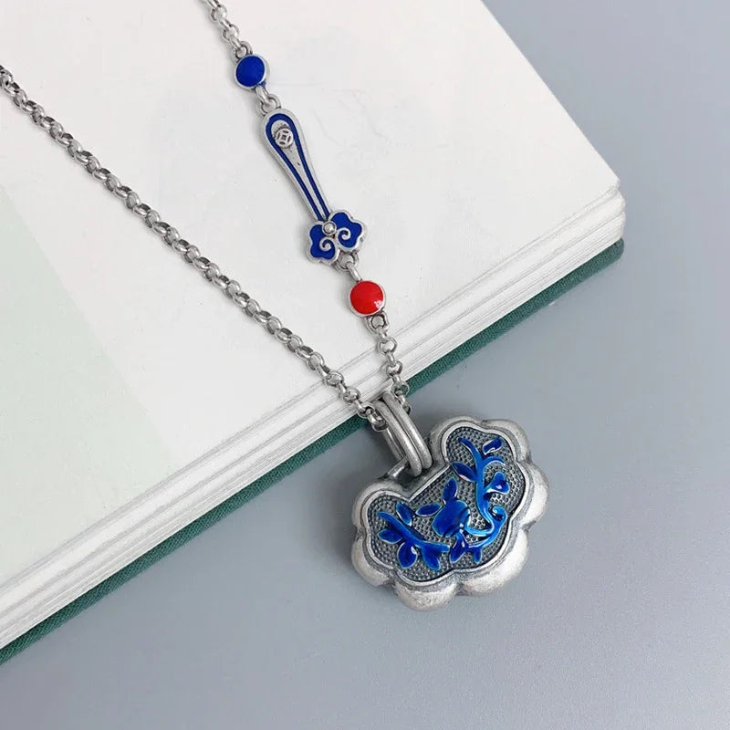 Original 925 Silver Faceted Blue Orchid Enamel Ruyi Necklace for Women Charms Exquisite Pendant Clavicle Chain Banquet Jewelry