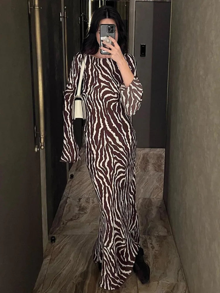 Ladies Elegant Chiffon Floral Print Flare Sleeve Maxi Dress For Women's Summer Slim Beach Holiday Party Dress Vestido