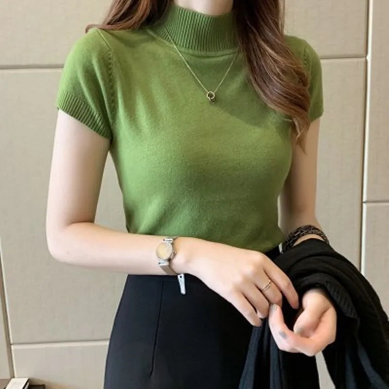 Solid Color Casual Women Clothing Korean Knitted Women Top Blusas Mujer De Moda Spring Summer Slim Turtleneck Blouse Blusas