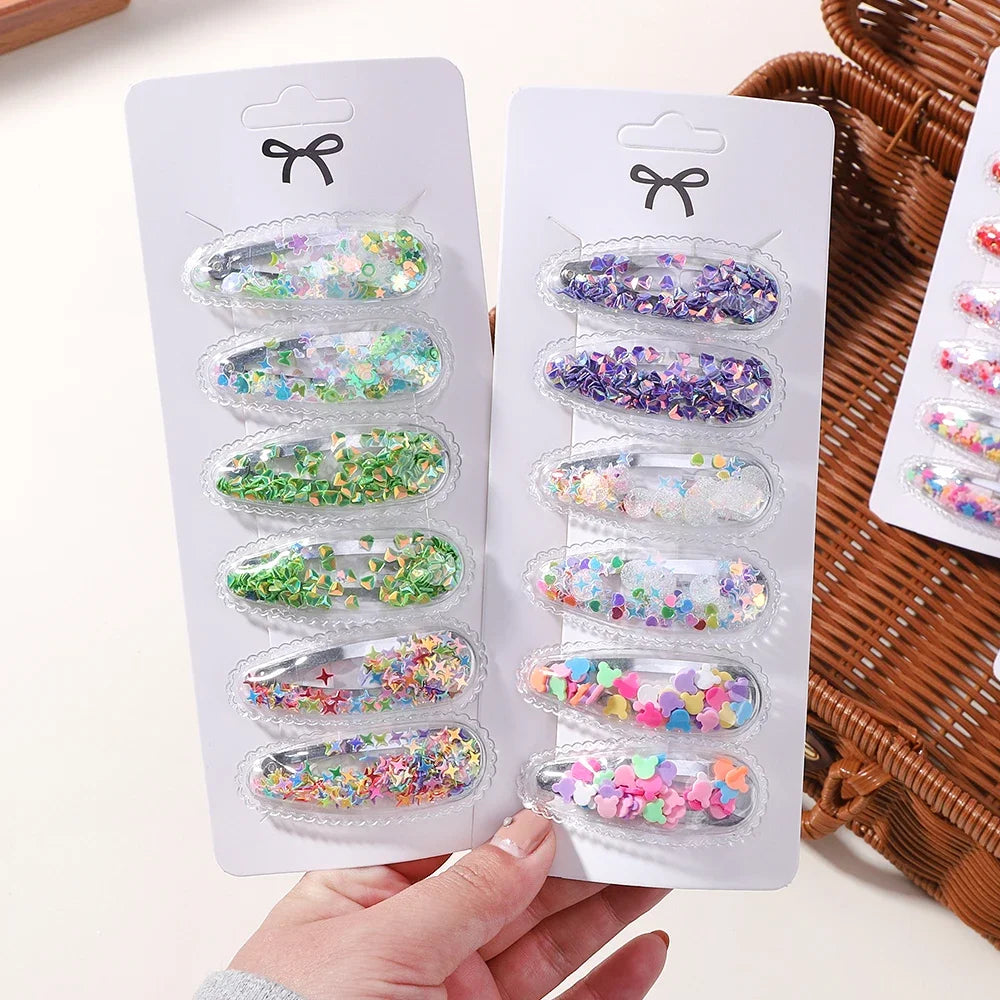 3/6pcs Fashion Sequin BB Hair Clips Color Transparent Flowing Sand Bangs Hair Gripes Girl Cute Cartoon Kids Headwear Accessory