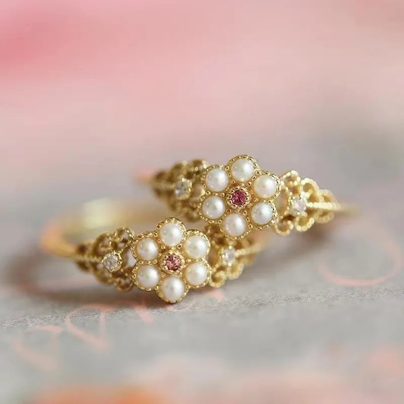 Korean New Pink Crystal Pearl Flower Ring for Women Fashion Exquisite Adjustable Finger Joint Ring Party Jewelry Accessories