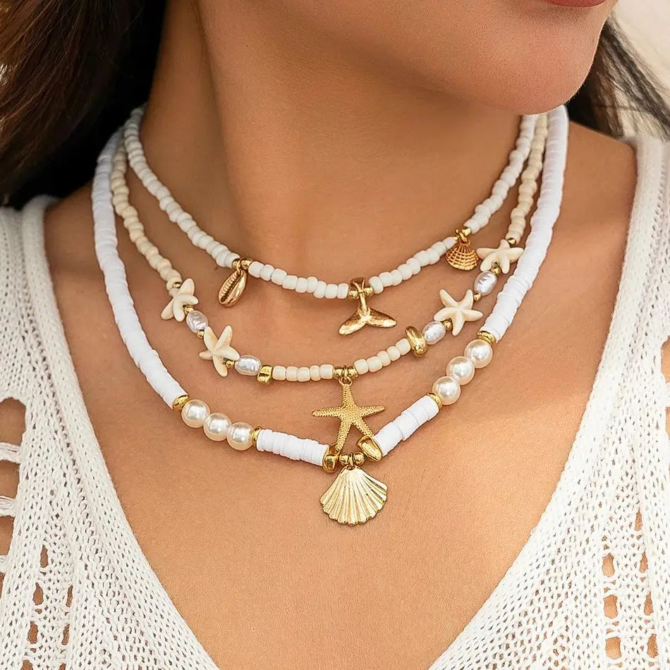 SHIXIN 3Pcs Beach Fish Tail Starfish Short Choker Necklace Set for Women Boho Imitation Pearl Rice Beads Collar Chain Jewelry