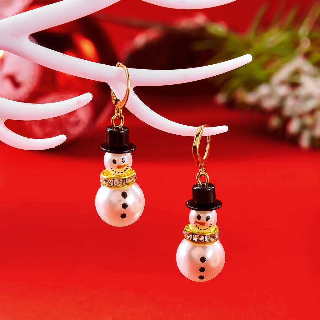 Korean Luxury Zircon Imitation Pearl Snowman Stud Earrings for Women Shiny Crystal Snowflake Earring Christmas Party Jewelry