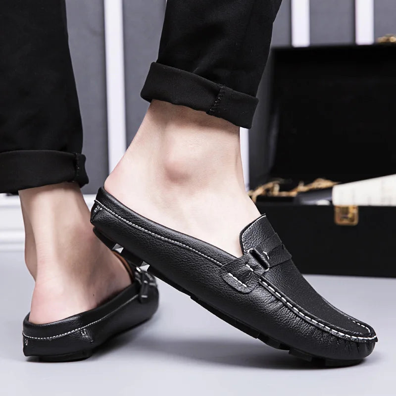 Men Slippers Fashion Leather Loafers Moccasins Outdoor Non-slip Casual Driving Shoes Men Mules Slides Comfortable Beach Sandals