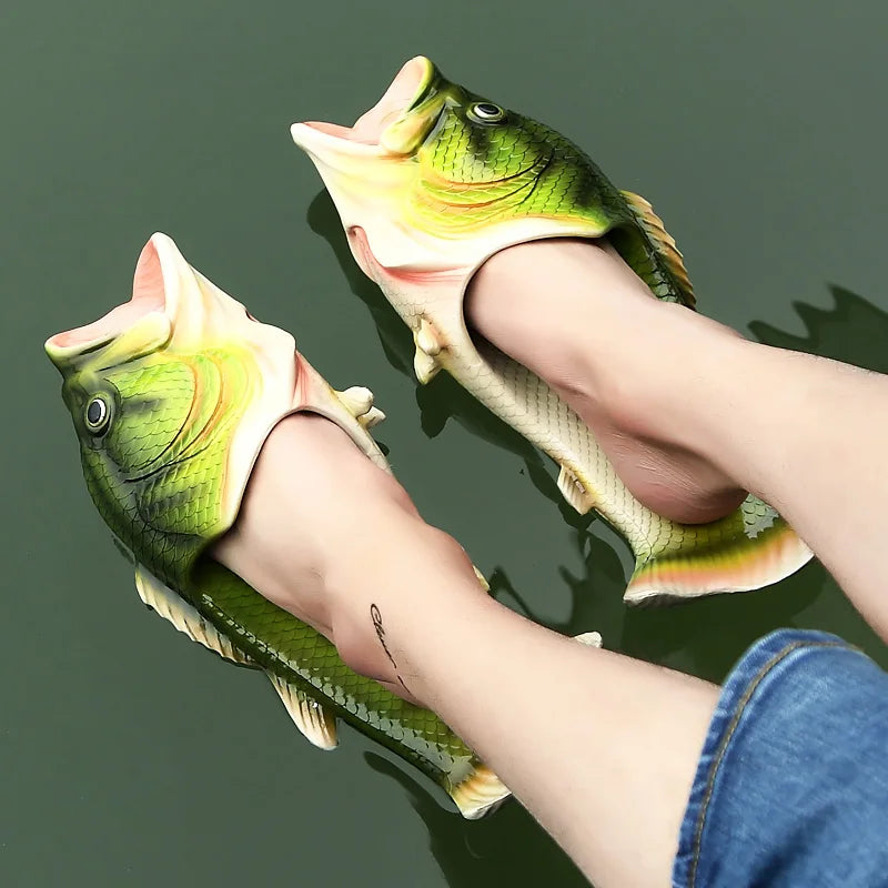 Open Toe Funny Male's Footwear Women's Fish Slippers Outdoor Couples Family Cartoon Animal Flip flops Plus Size 46 47 Man Shoes