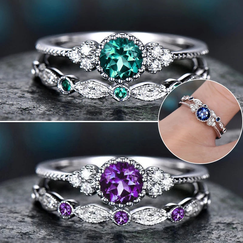 2Pcs/Set Classic Silver Color Ring Green Blue Round Cut Created Birthstone Delicate Slim Ring for Women Bride Wedding Jewlery