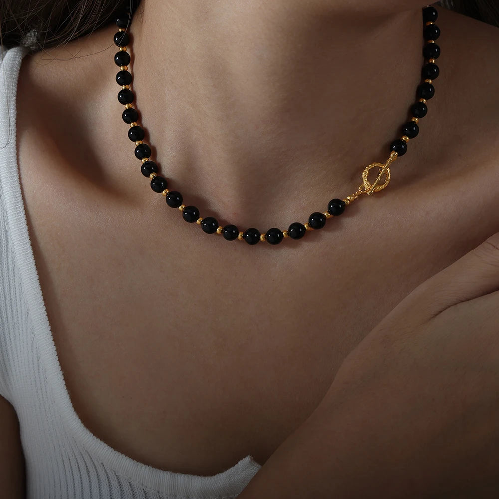 Black Agate Necklace Women Round Bead Chain Gothic Style Accessories Ot Buckle Gold Plated Jewelry Couple Gift