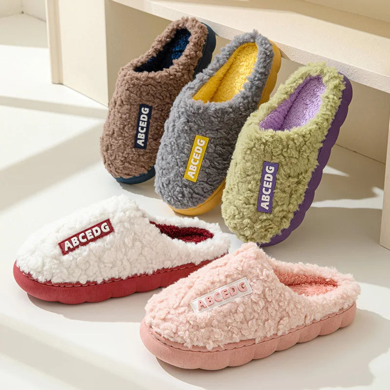 New cotton slippers for men and women autumn and winter with thick bottom for indoor warm and non-slip furry cotton shoes