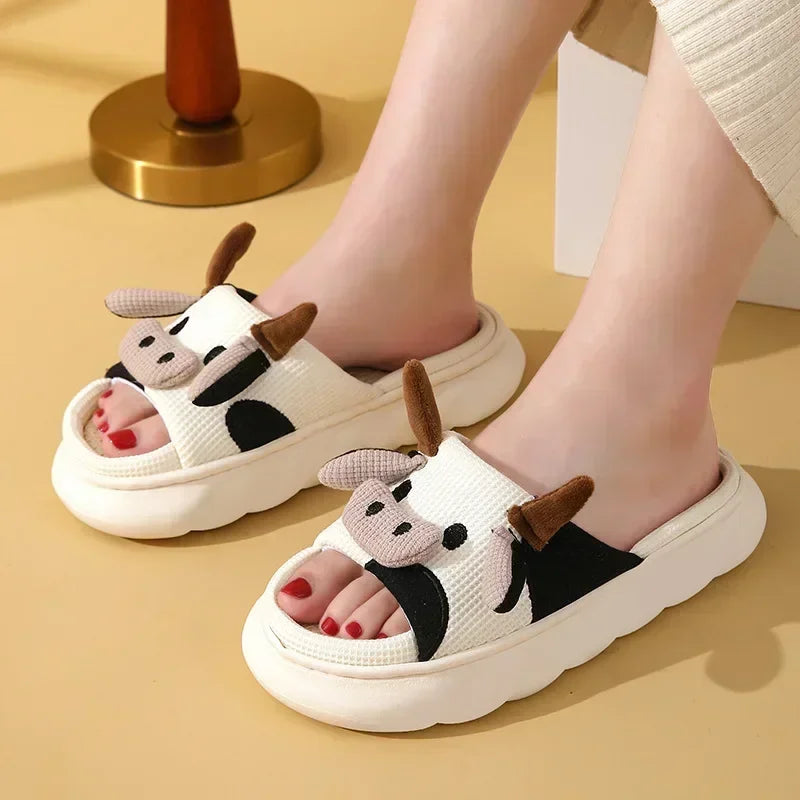 Four Seasons Indoor Home Sandals Cute Cartoon Frog Milk Cow House Slippers Personalized Couple Slides Women Linen Slippers