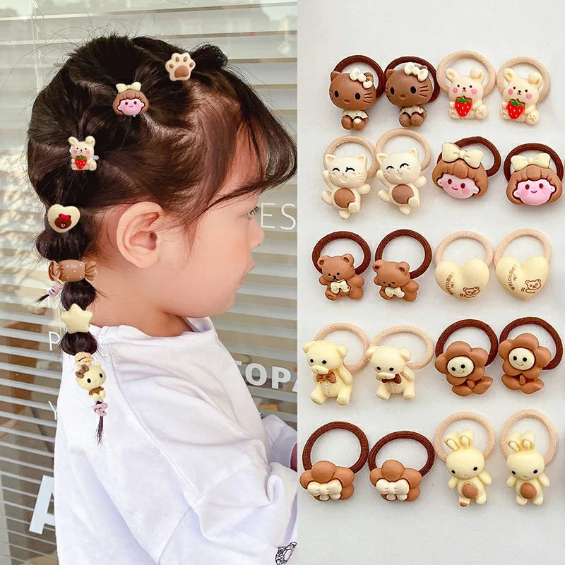 10PCS New Girls Cartoon Aniamls Flowers Small Elastic Hair Bands Children Cute Lovely Hair Tie Rubber Bands Kid Hair Accessories