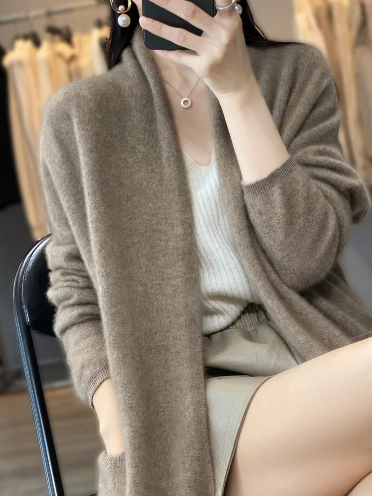 100% Merino Wool Spring Autumn Women's Cardigan Long Sleeve Sweater Solid Color Loose Warm Knitwear Fashion Female Long Coat