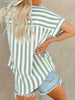 Plus size women's striped printed lapel short sleeved shirt women's loose and personalized clothing printing new style