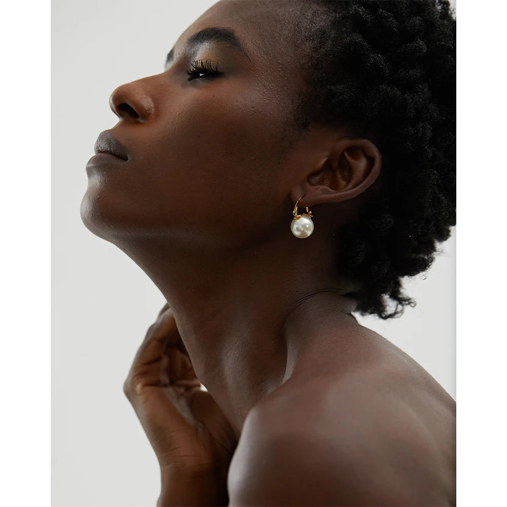 Yhpup stainless steel imitation pearls hoop earrings korea elegant geometric golden huggie temperament fashion jewelry gala gift