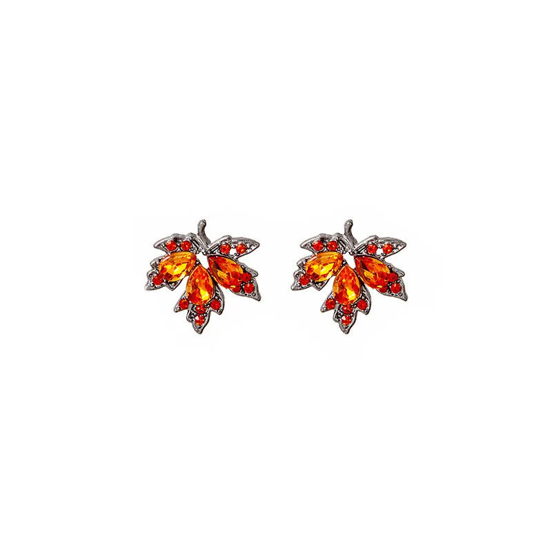 Exquisite Red Rhinestone Zircon Maple Leaf Stud Earrings For Women Vintage Personality Crystal Earring Fall Winter Charm Jewelry