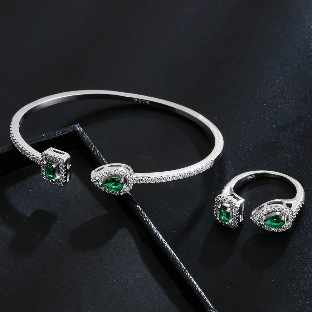 LXOEN 2pcs Pack Green Silver Color Bride Jewelry Set Halo Engagement Ring Adjustable Open Bracelet for Wedding Gift Christmas