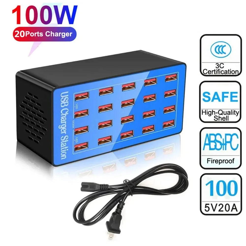 USB Charger 20 Ports Hub 100W Universal Desktop Socket Multi Ports USB Fast Charging Station Dock for Mobile Phone Power Adapter