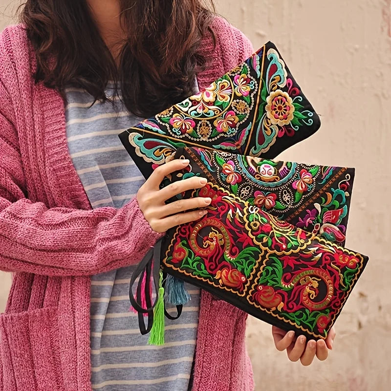 Vintage Ethnic Style Embroidered Long Wallet Wristlet Clutch Bag with Flower Fabric and Phone Pocket