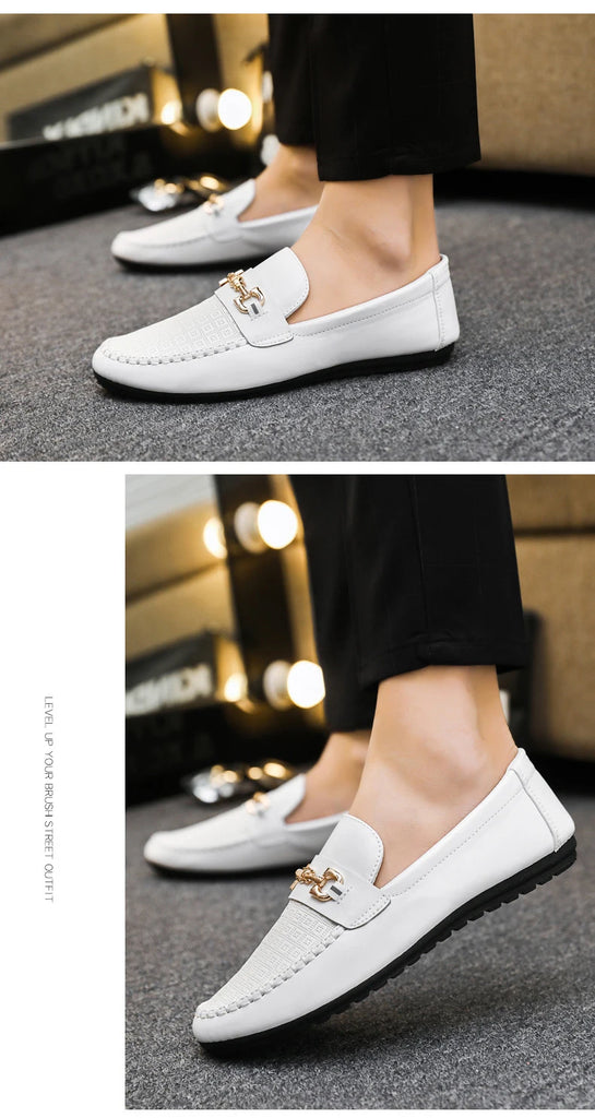 Men's Loafers Comfortable Flat Casual Shoes Breathable Slip-On Soft Cow Leather Driving Shoes Moccasins Hombre Men Shoes White