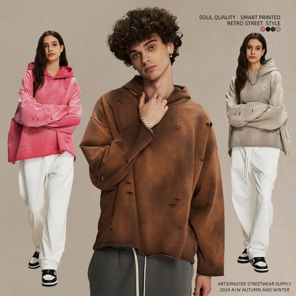 Irregular holes in the raw edge of the old wash water spray monkey hair hoodie