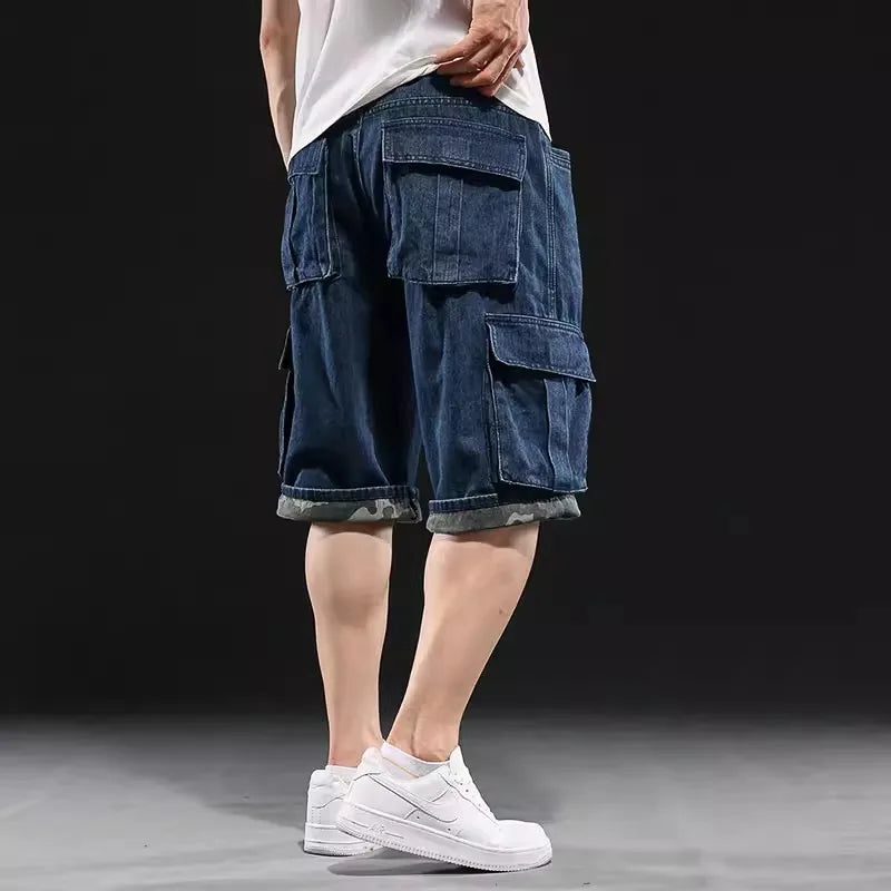 Men's Wide-leg Denim Shorts Multi Pocket 7 Point Work Cargo Jeans Shorts Fat Plus Size Denim Shorts Male