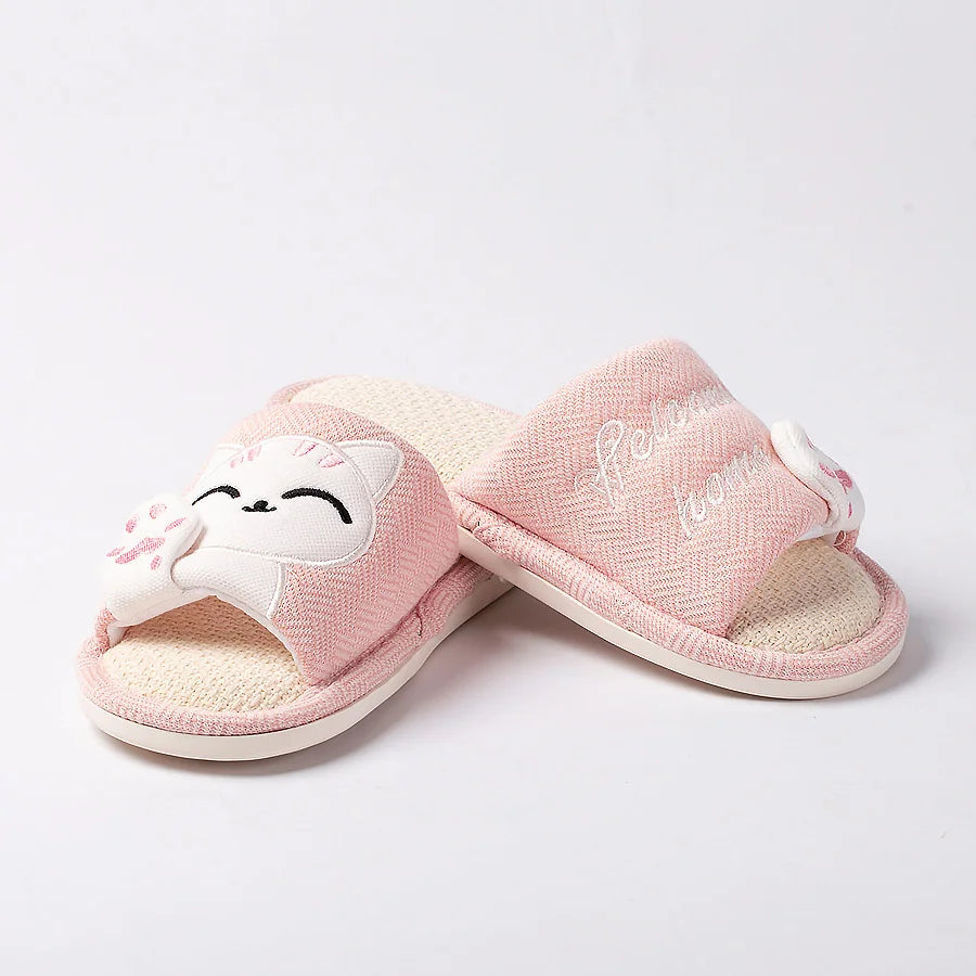 Cute Cat Platform Slippers Women Four Seasons New Linen Women's Thick Sandals Home Cartoon Slides Soft Non-slip Shoes 2024 New