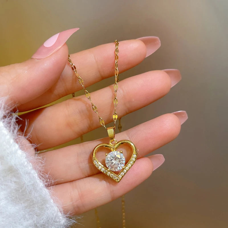 Luxury Shiny Zircon Crystal Heart Pendant Stainless Steel Necklace For Women Korean Fashion Female Wedding Jewelry Neck Chain