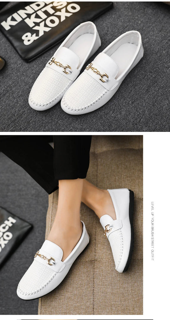 Men's Loafers Comfortable Flat Casual Shoes Breathable Slip-On Soft Cow Leather Driving Shoes Moccasins Hombre Men Shoes White