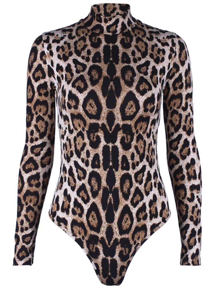 Sexy Bodysuit For Women Brown Leopard Bodycon Long Sleeve One Pieces High Neck Bodysuits Jumpsuit Tops Body Suit Y2K