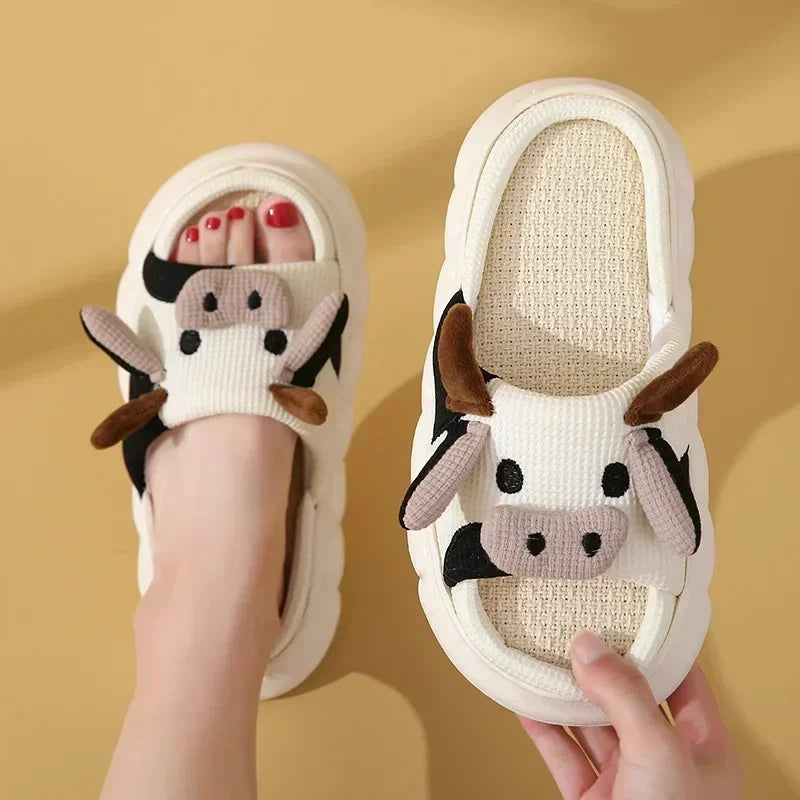 Four Seasons Indoor Home Sandals Cute Cartoon Frog Milk Cow House Slippers Personalized Couple Slides Women Linen Slippers