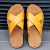 2023 Fashion Men Real Leather Slippers Summer New Black White/red/yellow Cross Over Slippers Men's Leisure Comfort Flat Sandals