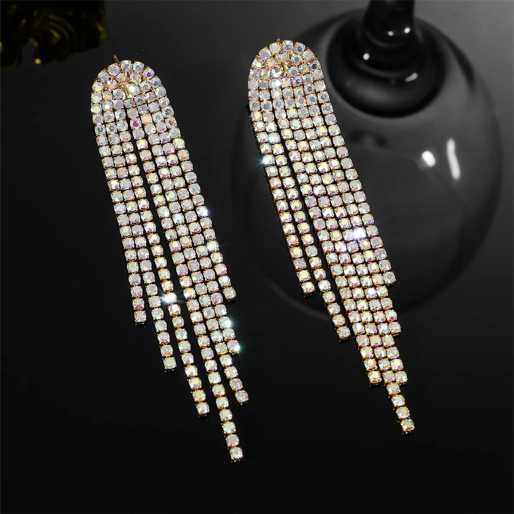 FYUAN Long Tassel Rhinestone Drop Earrings for Women AB Colourful Gold Silver Color Crystal Dangle Earring Party Wedding Jewelry