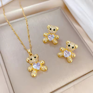 Fashion Charm Micro Inlay Love Heart Bear Stainless Steel Necklace Earrings Set Accessories Gorgeous Girls Party Gift