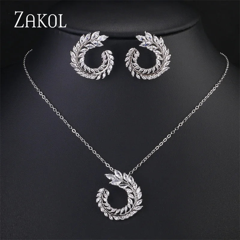 ZAKOL Fashion Leaf AAA Zircon Wedding Jewelry Sets For Women Party Gift Sliver Color Crystal Earrings Necklace Set Wholesale