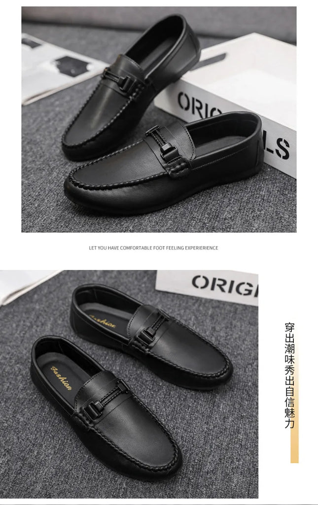 Mens Genuine Leather Loafers Luxury Formal Wedding Dress Shoes Soft Comfortable Waterproof Driving Shoes Slip on Flats Moccasin