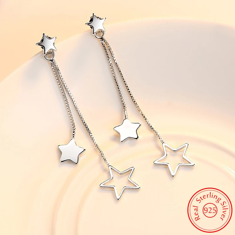 Genuine 925 Sterling Silver Jewelry Long Chains Star Drop Earrings For Lady New XY0026