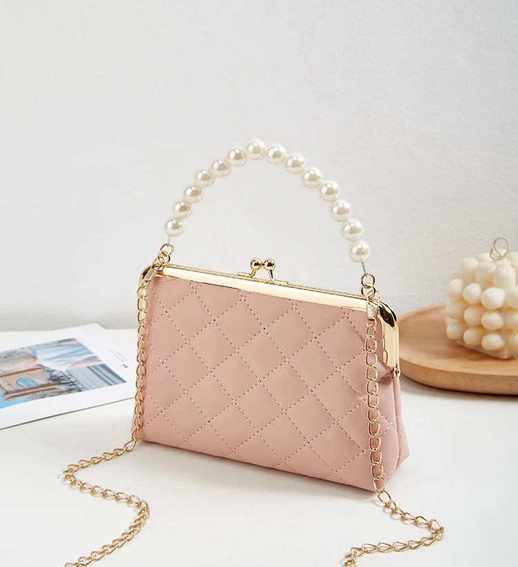 New Fashion Versatile Lingge Embroidery Clip Chain Strap Crossbody Mobile Phone Bag Pearl Handheld Women's Bag