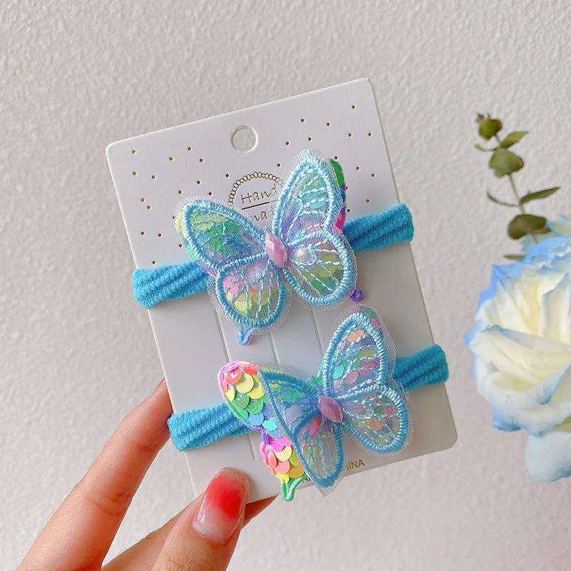 2PCS New Sequin Butterfly Girls Tie Up A Ponytail Kids Elastic Hair Bands Hair Accessories Cute Children Hair Ties Baby Headwear