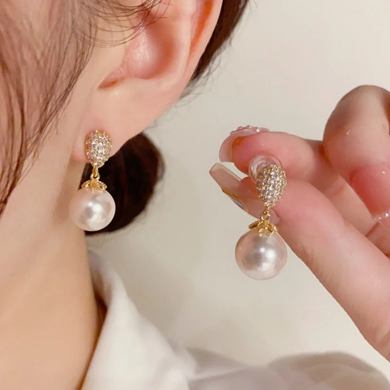 SIANCOLARY Pearl Teardrop Shape Zircon Fashion Dangle Drop Stud Earrings For Women Girl Jewelry Gift