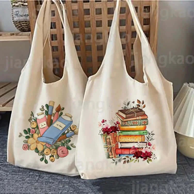 "Literature Book Floral Printed Shoulder Bag | Harajuku Canvas Tote for Girls, Travel Handbag with Illustration"