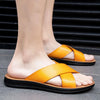 2023 Fashion Men Real Leather Slippers Summer New Black White/red/yellow Cross Over Slippers Men's Leisure Comfort Flat Sandals