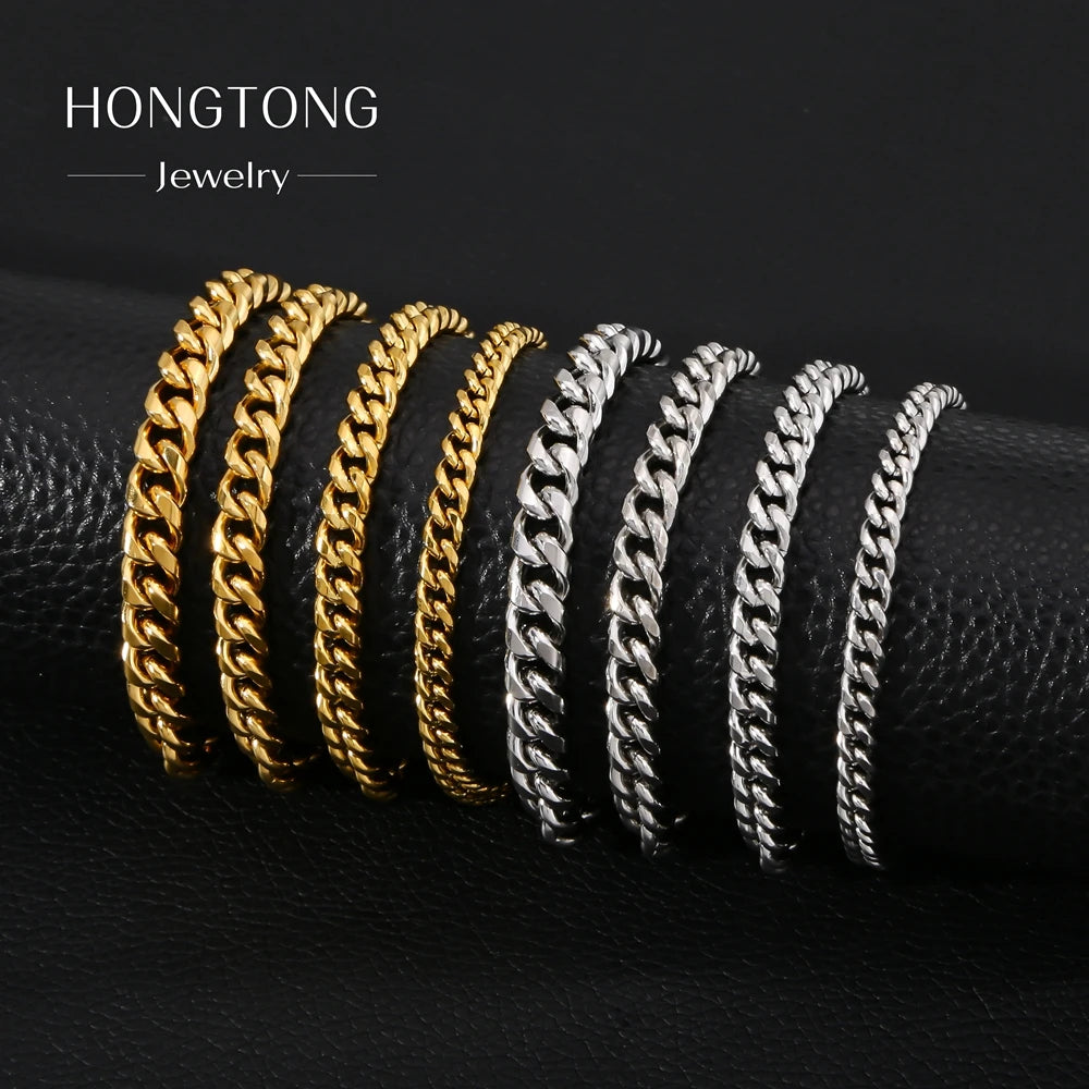 HONGTONG Basic Curb Chain Bracelet for Men Stainless Steel Cuban Gold Color Link Chain Wristband Classic Punk Heavy Male Jewelry