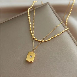 ANENJERY 316L Stainless Steel Double Layer Square Bearded Star Pendant Necklace for Women Simple Temperament Jewelry Accessory