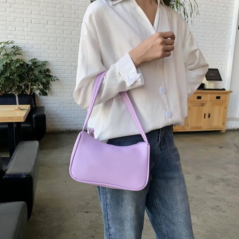 Soft PU Ladies Leather Crossbody Bag Women Purple Underarm Bag Retro Solid Color Handbag Fashion Design Girl Small Shoulder Bags