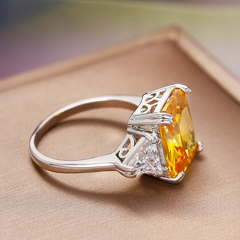 Huitan Square Yellow Cubic Zirconia Women's Finger-ring for Wedding Party Temperament Lovely Luxury CZ Rings Anniversary Jewelry