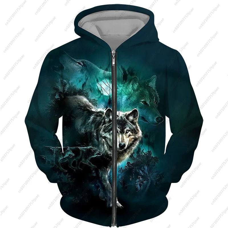 2024 New Men's Zipper Hoodie Wolf Fashion Jacket Animal 3D Print Pattern Sweatshirt Street Apparel Casual Clothes Men Clothing