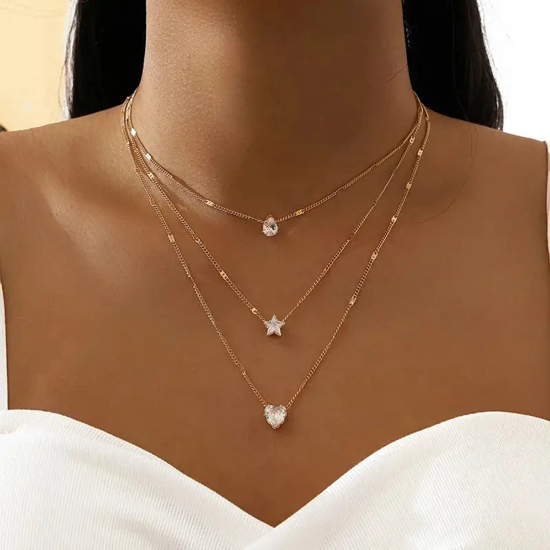 3 Pcs Crystal Zircon Necklace Set Heart Star Layered Pendant Necklace Women Fashion Square Rhinestone Female Necklaces Jewelry