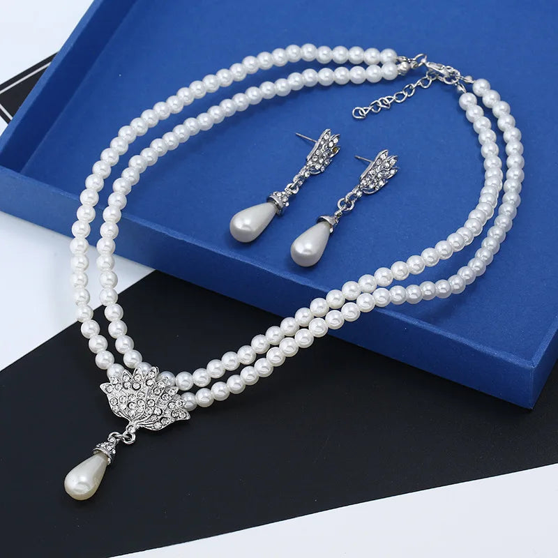 RAKOL Luxury Bride Pearl Crystal Jewelry Sets for Women Korean Temperament Short Collarbone Earring Necklace Set