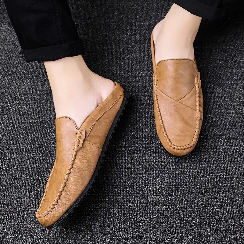 New 2023Half Shoes For Men Leather Half Slipper Slip On 3 Colors Flat Italian Style Fashion Driving Shoes Man Ciabatte