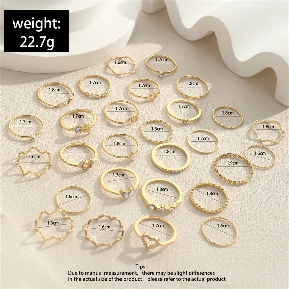 Fashion simple wave joint rings set for women crystal heart shape gold silver color ring female party jewelry