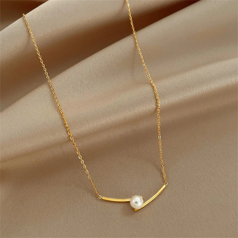 316L Stainless Steel New Fashion Fine Jewelry Japan Style Intersecting Shape Pearl Charm Chain Choker Necklace Pendant For Women